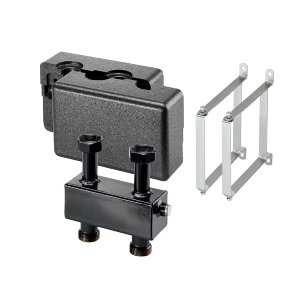 Hydraulische Weiche von Oventrop, bestehend aus einer schwarzen Einheit mit zwei Anschlussöffnungen und einer isolierten Box, sowie zwei metallischen Halterungen.